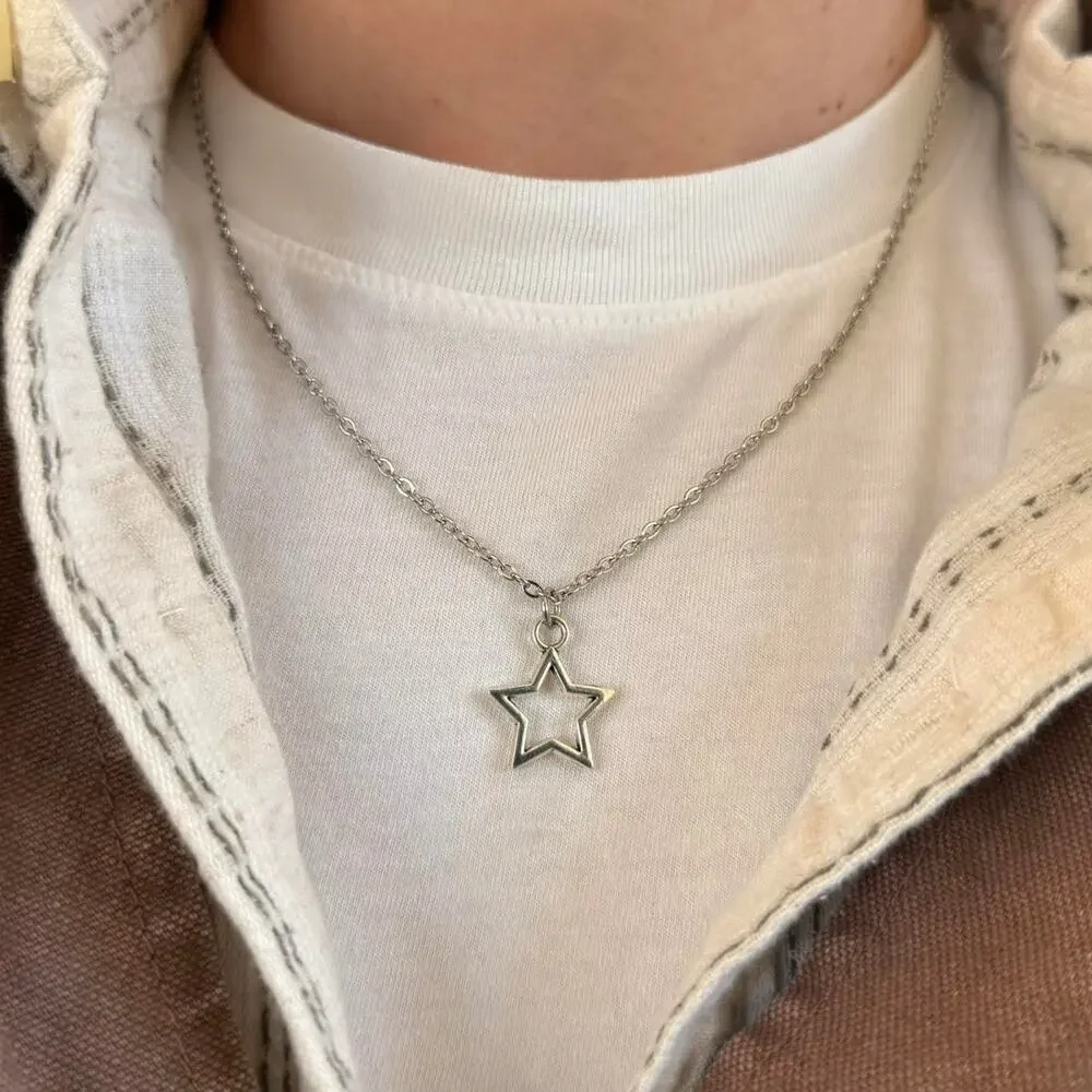 Y2K 2000s Vintage Silver Star Necklace Unisex Retro Simple Chain New